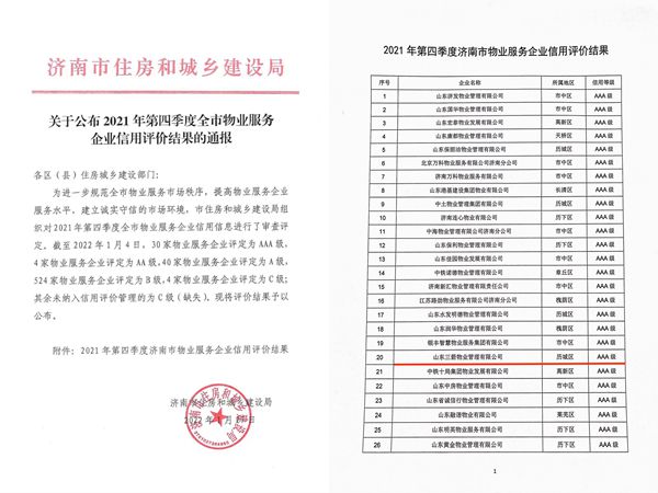 三箭物業再次獲評濟南市AAA級物業服務信用企業